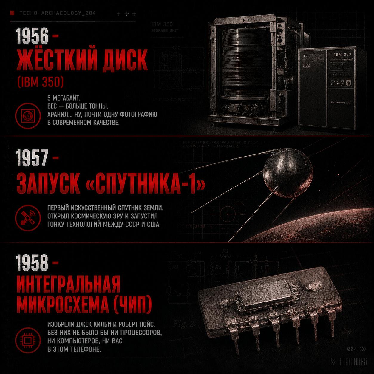 Карточка о жестком диске IBM 350, Спутнике-1 и интегральной схеме